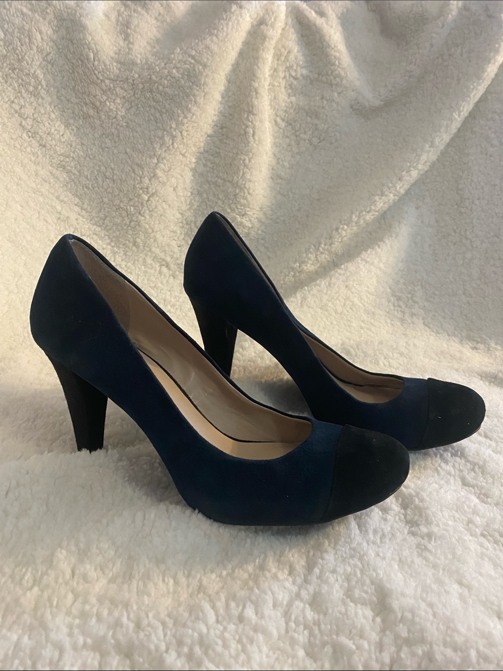 Franco Sarto Navy Suede Pumps with Black Cap Toe